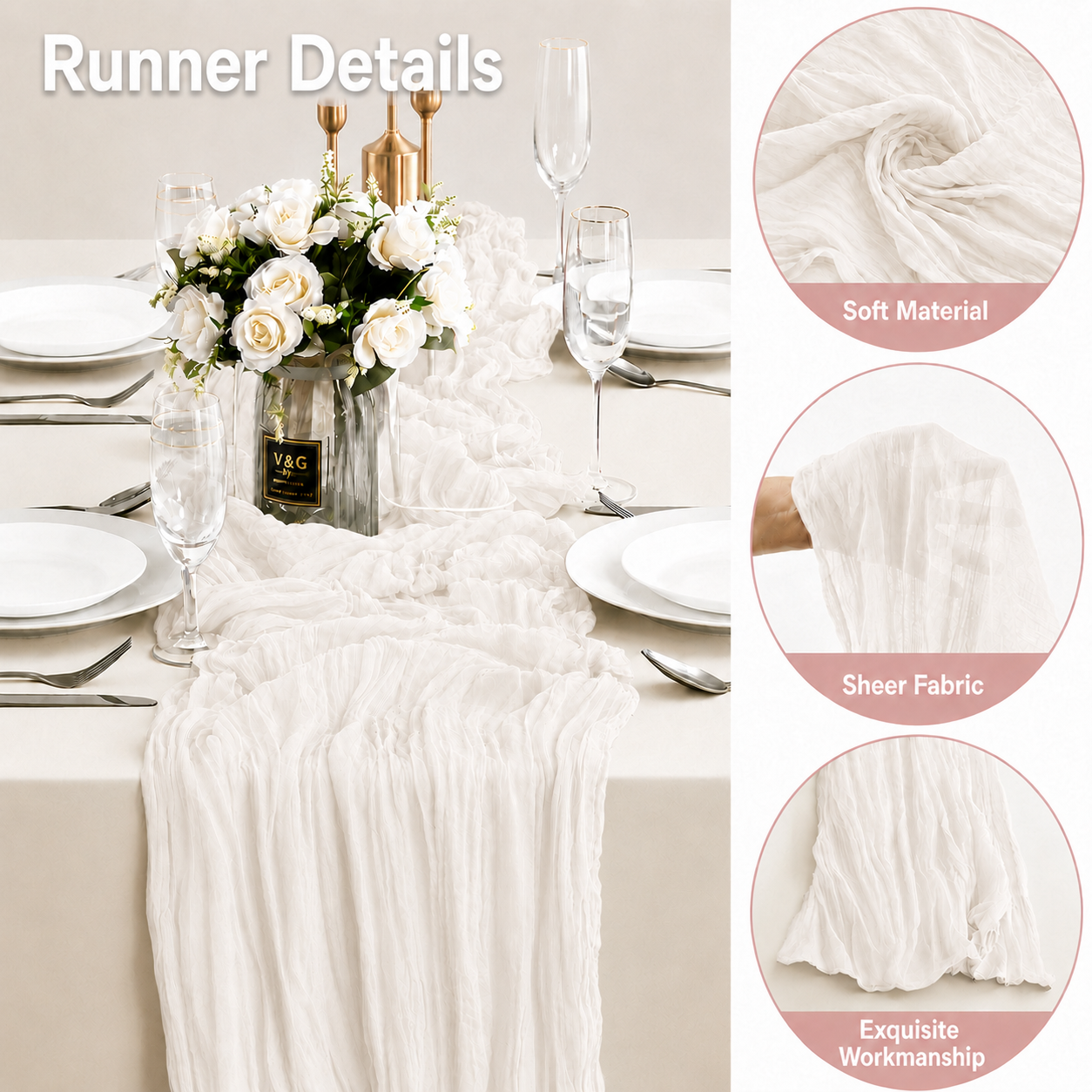 Table Runner - White 9.84ft Wrinkle Fabric Table Decor for Wedding view 3