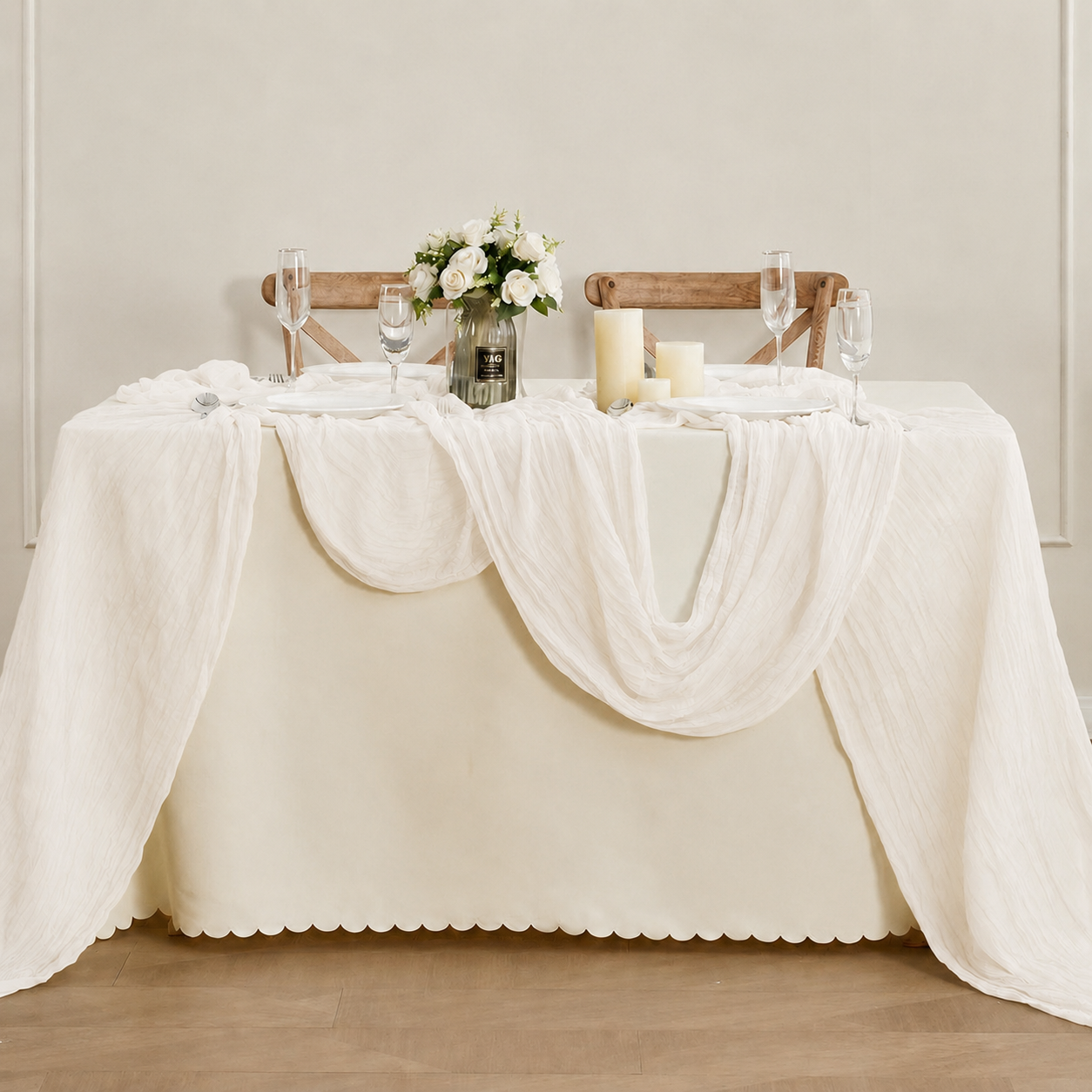 Table Runner - White 9.84ft Wrinkle Fabric Table Decor for Wedding view 4