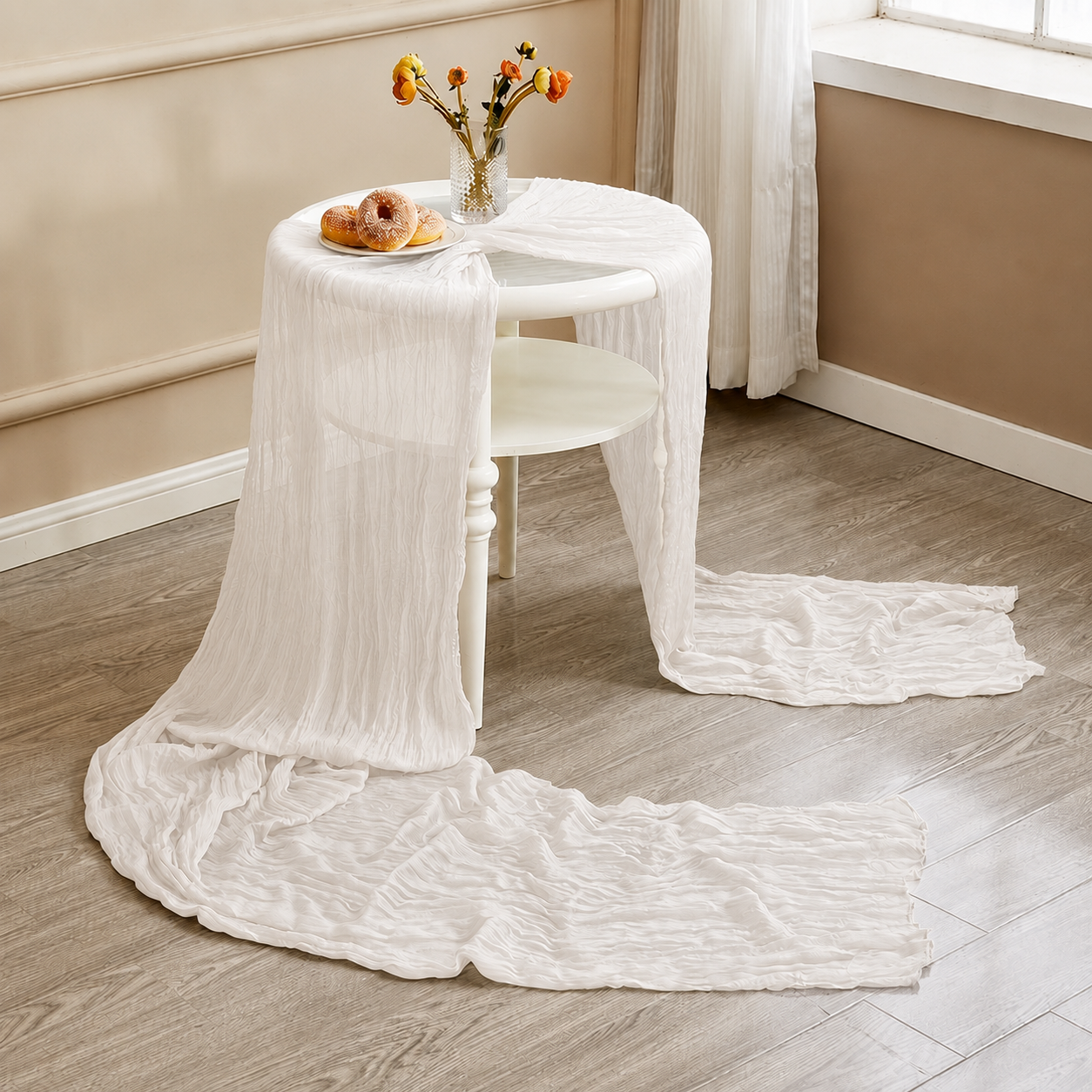 Table Runner - White 9.84ft Wrinkle Fabric Table Decor for Wedding view 5