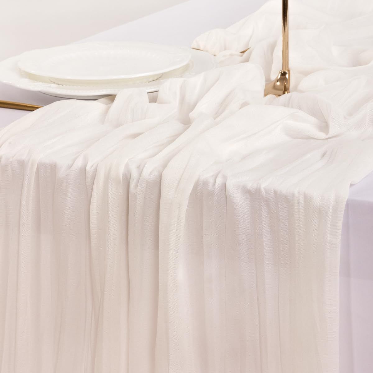 Table Runner - White 9.84ft Wrinkle Fabric Table Decor for Wedding