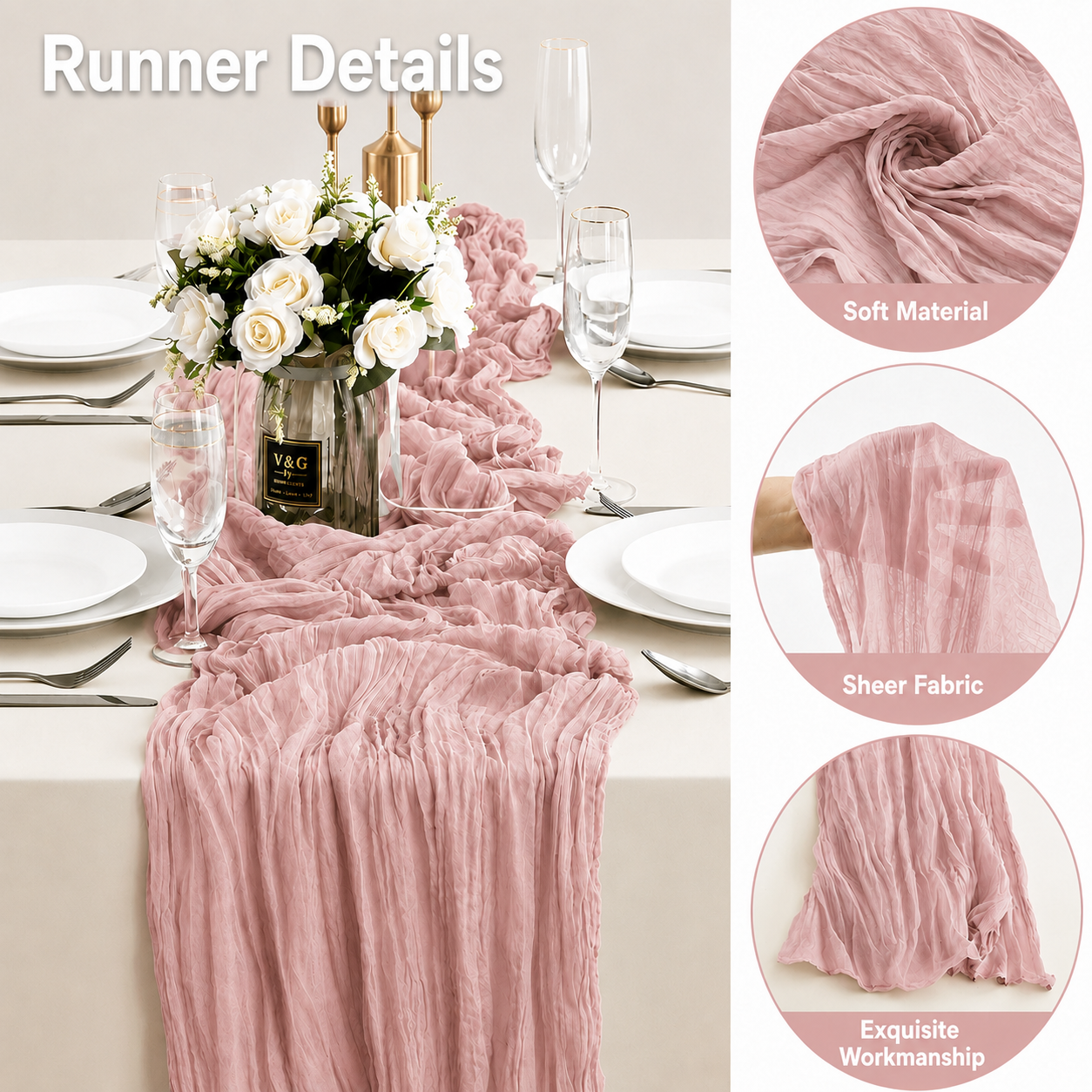 Table Runner - Pink 9.84ft Wrinkle Fabric Table Decor for Wedding view 2