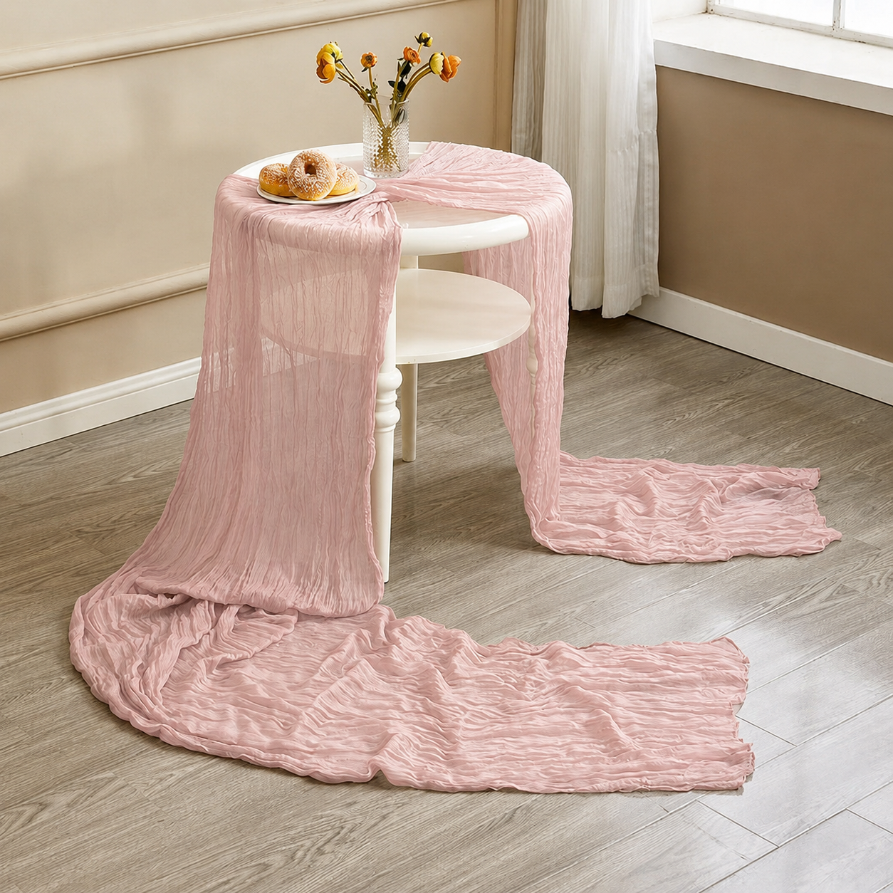 Table Runner - Pink 9.84ft Wrinkle Fabric Table Decor for Wedding view 3