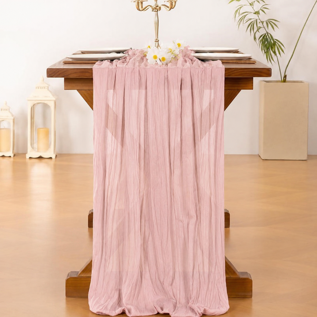 Table Runner - Pink 9.84ft Wrinkle Fabric Table Decor for Wedding view 4