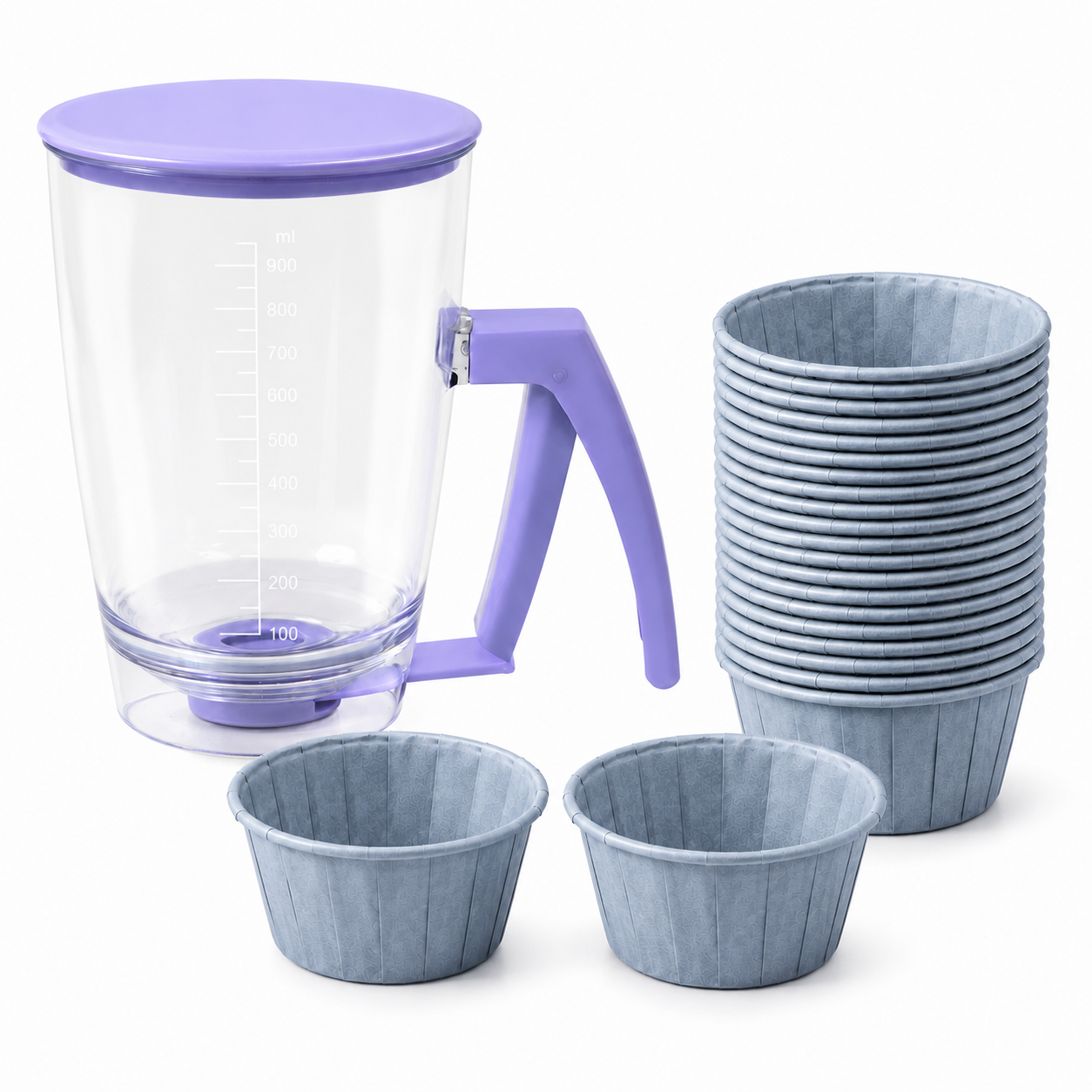 Handheld Batter Dispenser - 900ml with 50 Blue Cupcake Liners for Baking