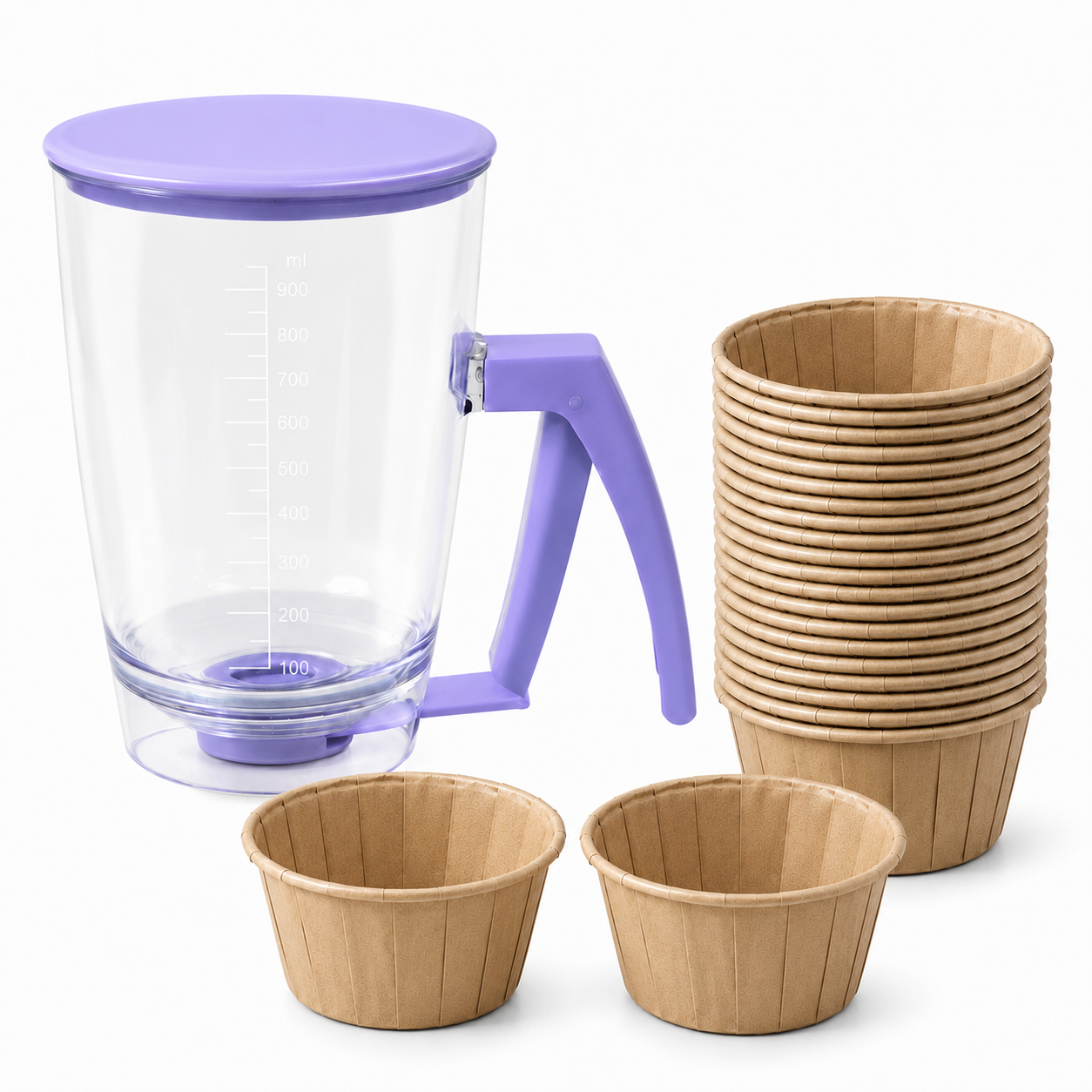 Handheld Batter Dispenser - 900ml with 50 Brown Cupcake Liners for Baking