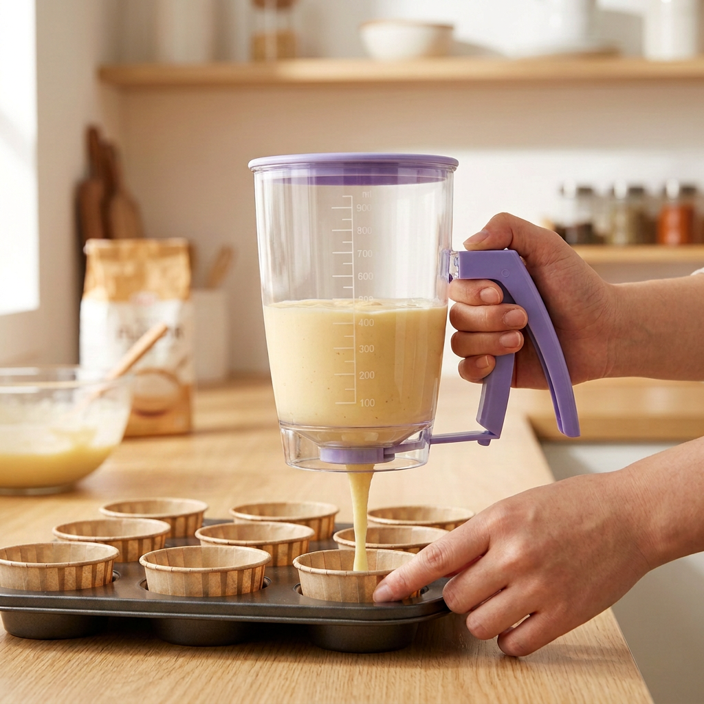 Handheld Batter Dispenser - 900ml with 50 Brown Cupcake Liners for Baking view 2