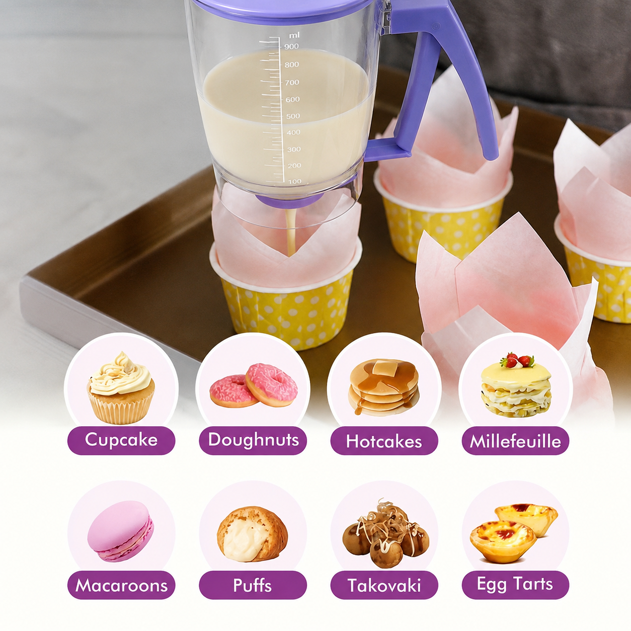 Handheld Batter Dispenser - 900ml with 50 Brown Cupcake Liners for Baking view 3