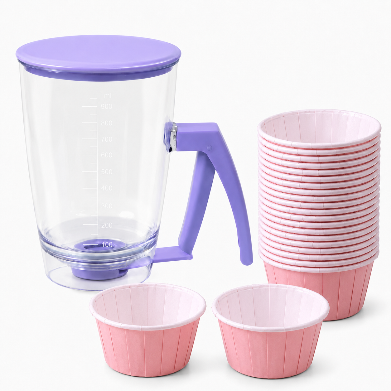 Handheld Batter Dispenser - 900ml with 50 Pink Cupcake Liners for Baking