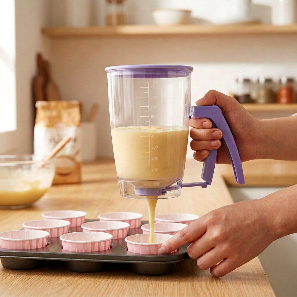 Handheld Batter Dispenser - 900ml with 50 Pink Cupcake Liners for Baking view 2