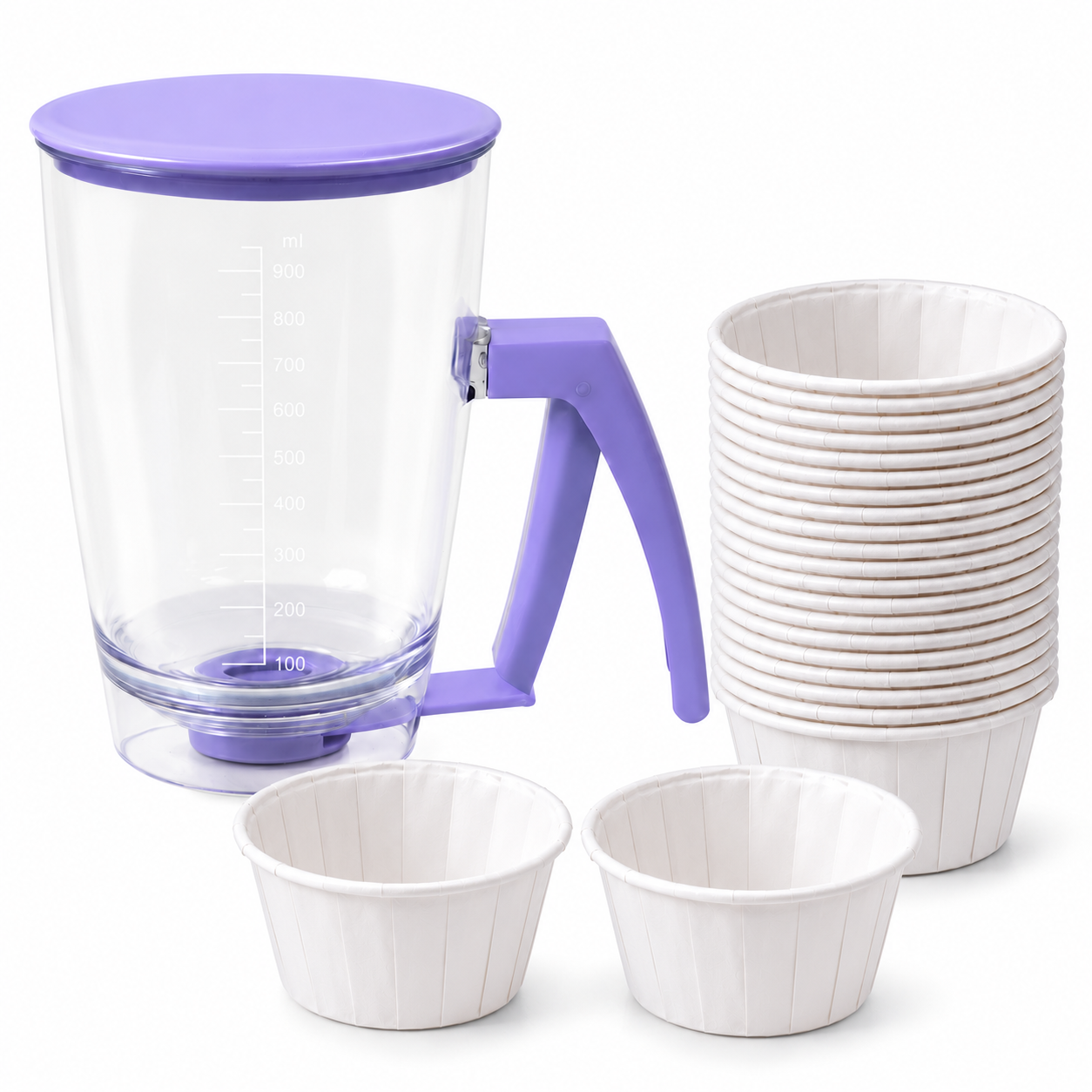 Handheld Batter Dispenser - 900ml with 50 White Cupcake Liners for Baking