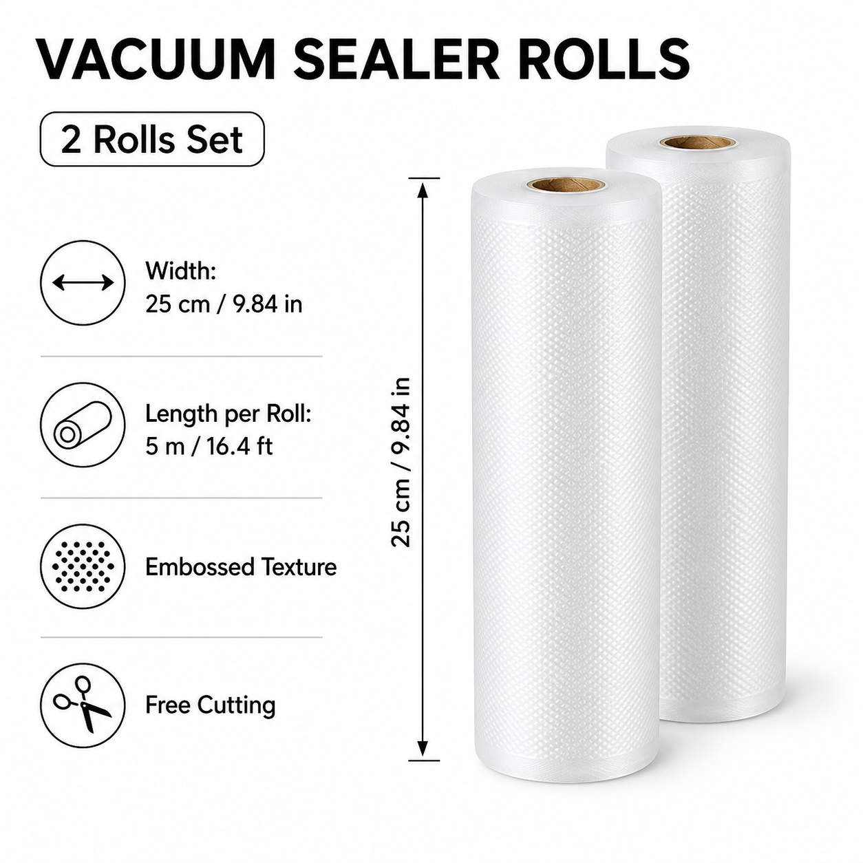 Vacuum Sealer Bag Roll 25cm x 5m Embossed Food Storage Bags 2 Rolls for Vacuum view 2