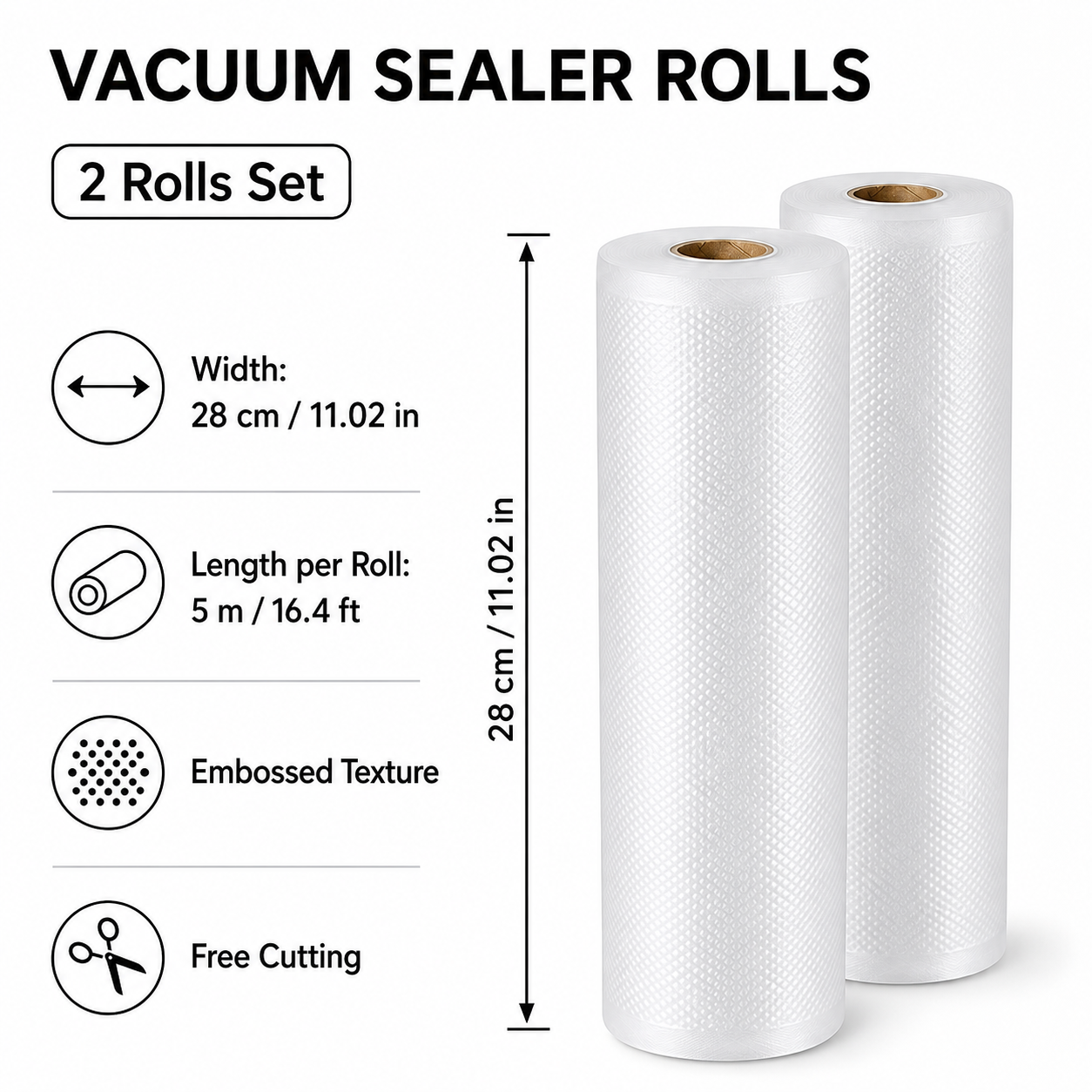 Vacuum Sealer Bag Roll 28cm x 5m Embossed Food Storage Bags 2 Rolls for Vacuum view 2
