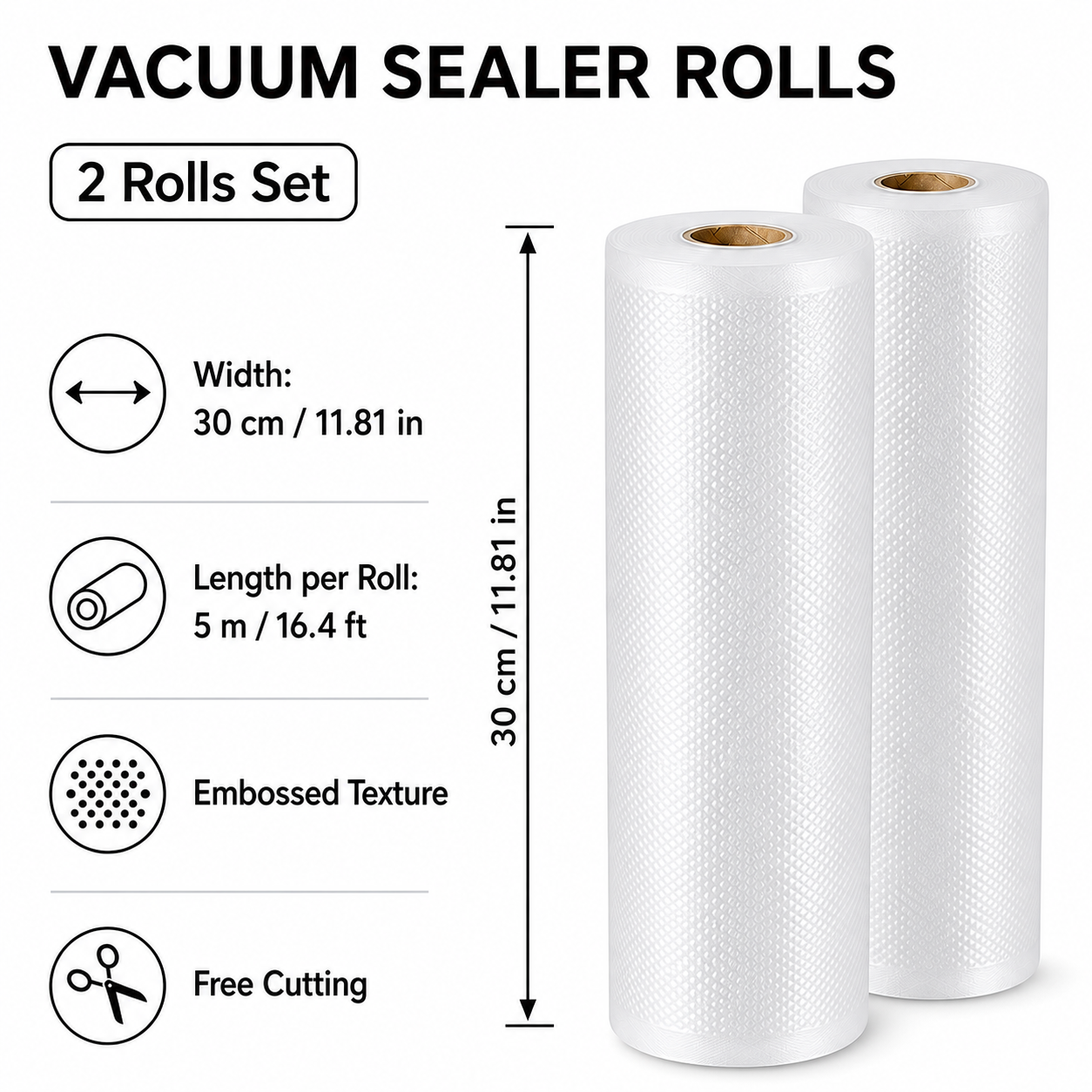 Vacuum Sealer Bag Roll 30cm x 5m Embossed Food Storage Bags 2 Rolls for Vacuum view 2