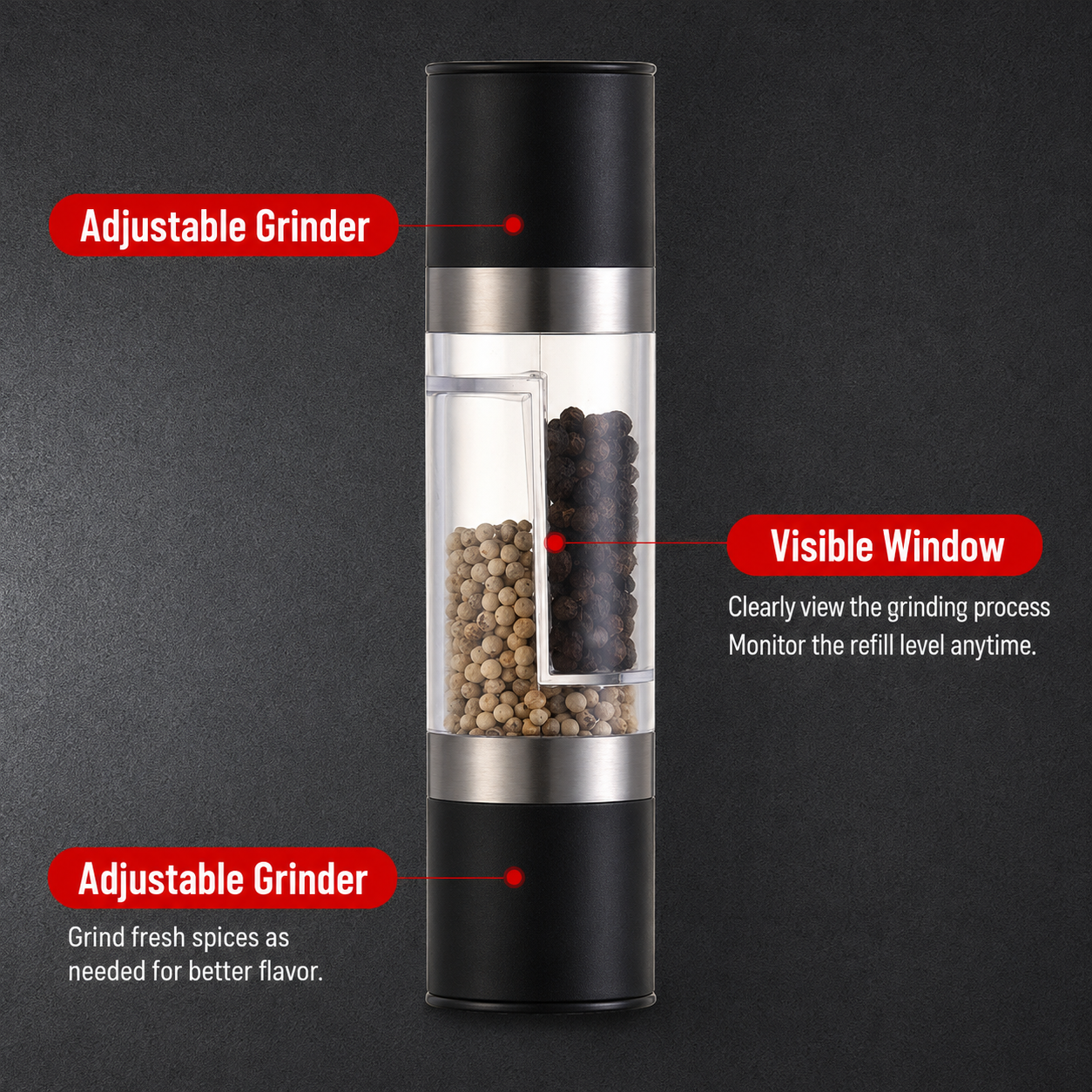 Dual Head Manual Pepper Grinder Black Spice Mill with Adjustable Coarseness view 5
