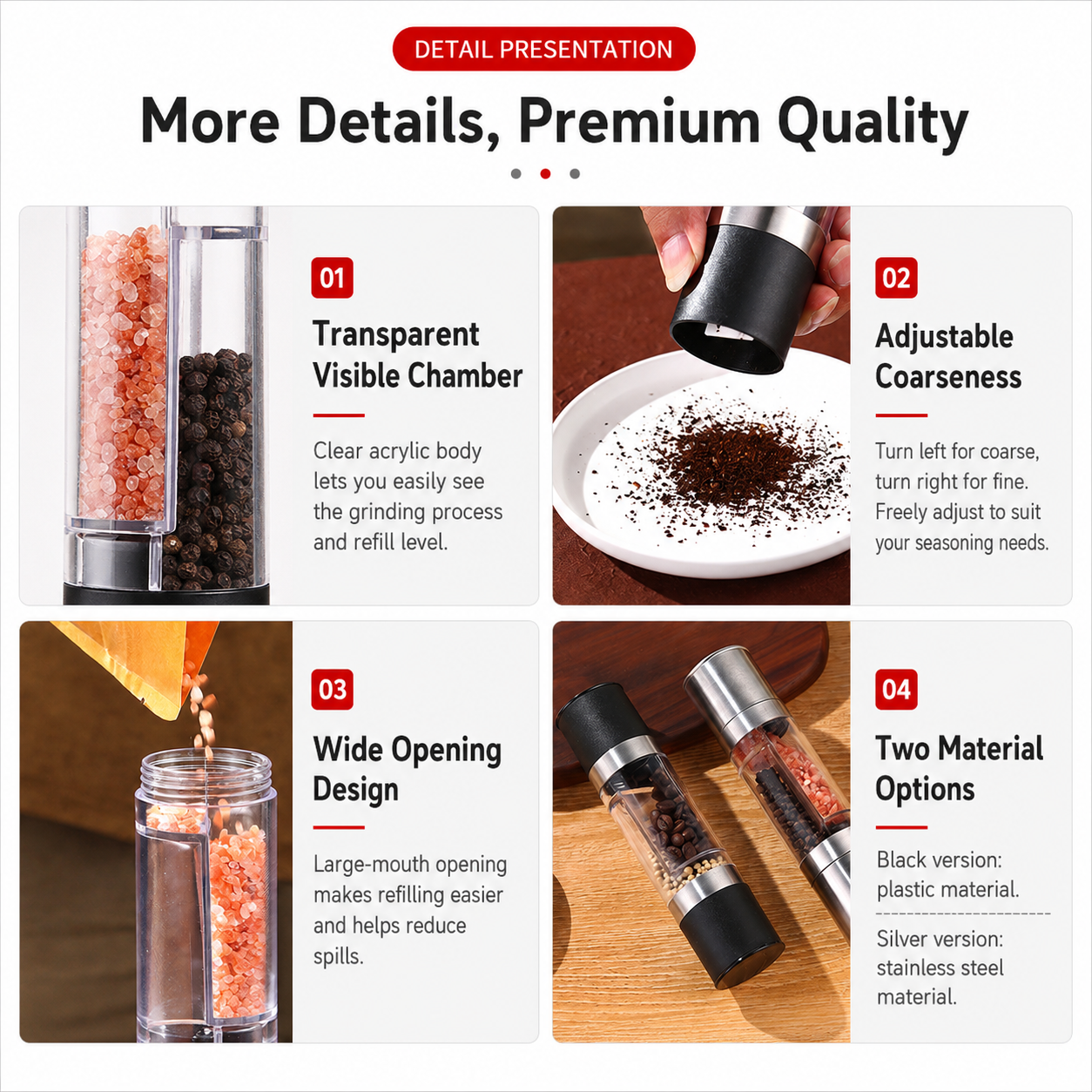 Dual Head Manual Pepper Grinder Black Spice Mill with Adjustable Coarseness view 6