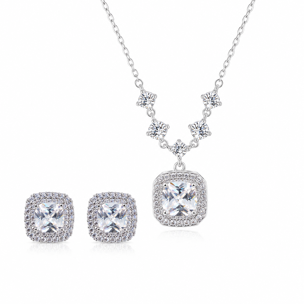 Square Halo Pendant Necklace and Stud Earrings Jewellery Set - 2 Piece