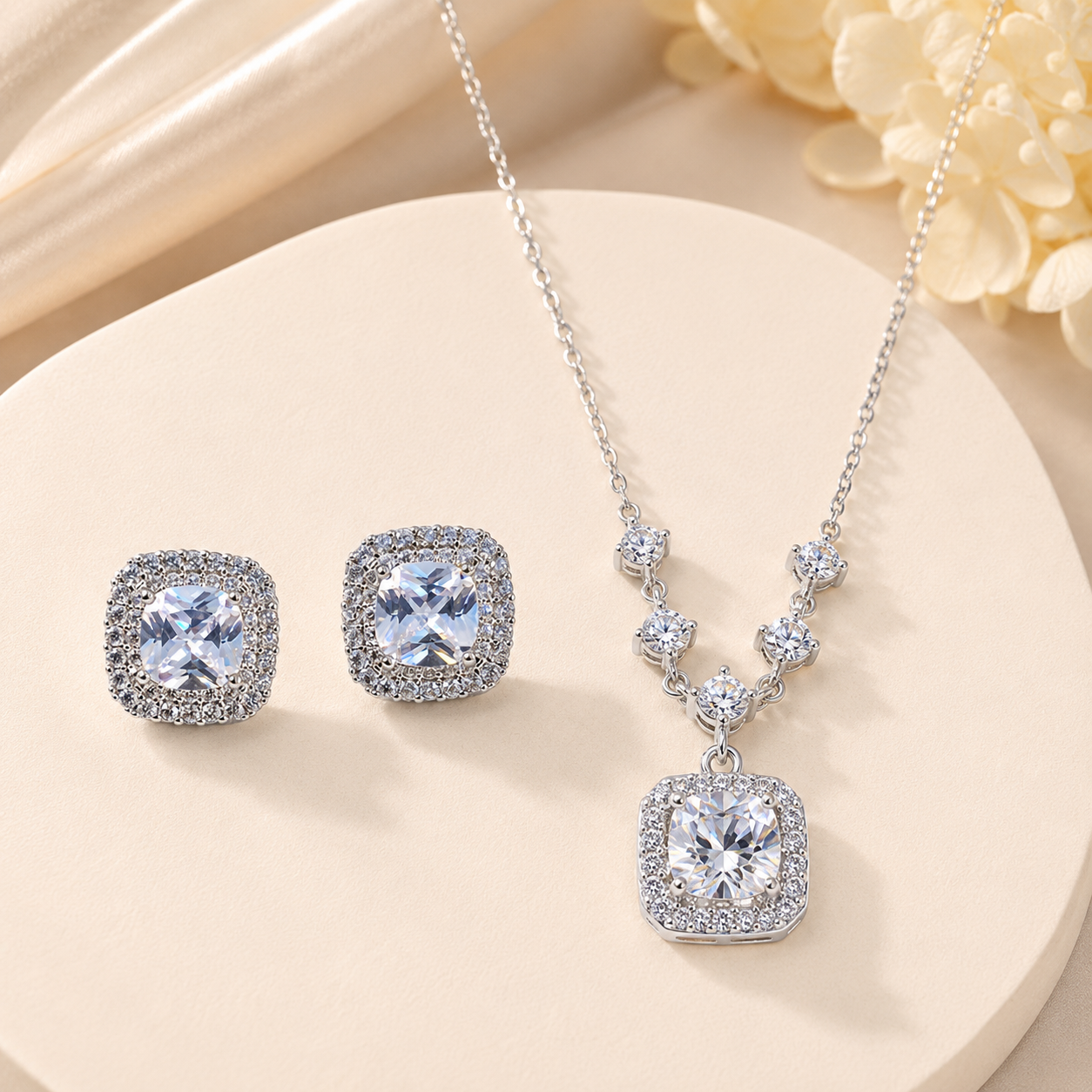 Square Halo Pendant Necklace and Stud Earrings Jewellery Set - 2 Piece view 2
