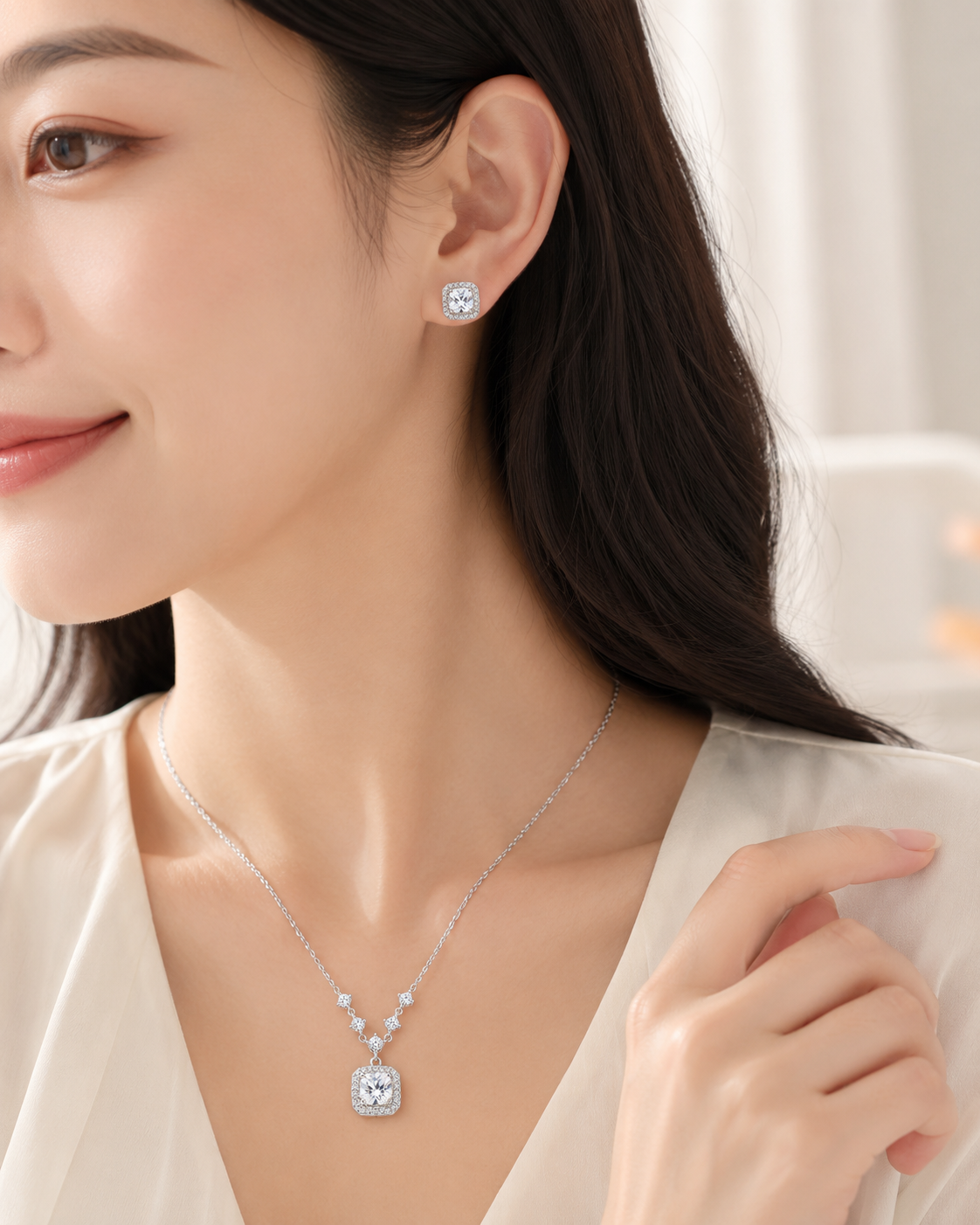 Square Halo Pendant Necklace and Stud Earrings Jewellery Set - 2 Piece view 3