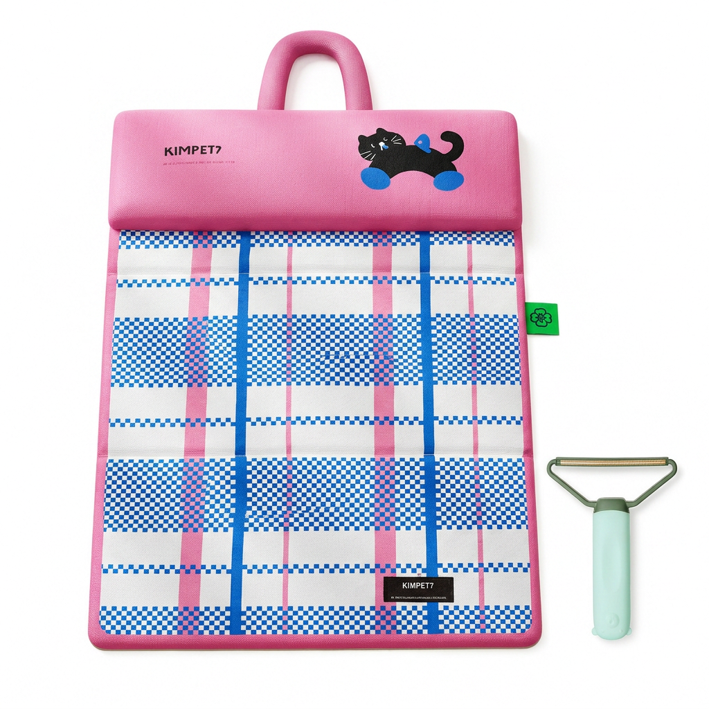 Blue Foldable Pet Cooling Mat (L) and Green Pet Hair Cleaner Set