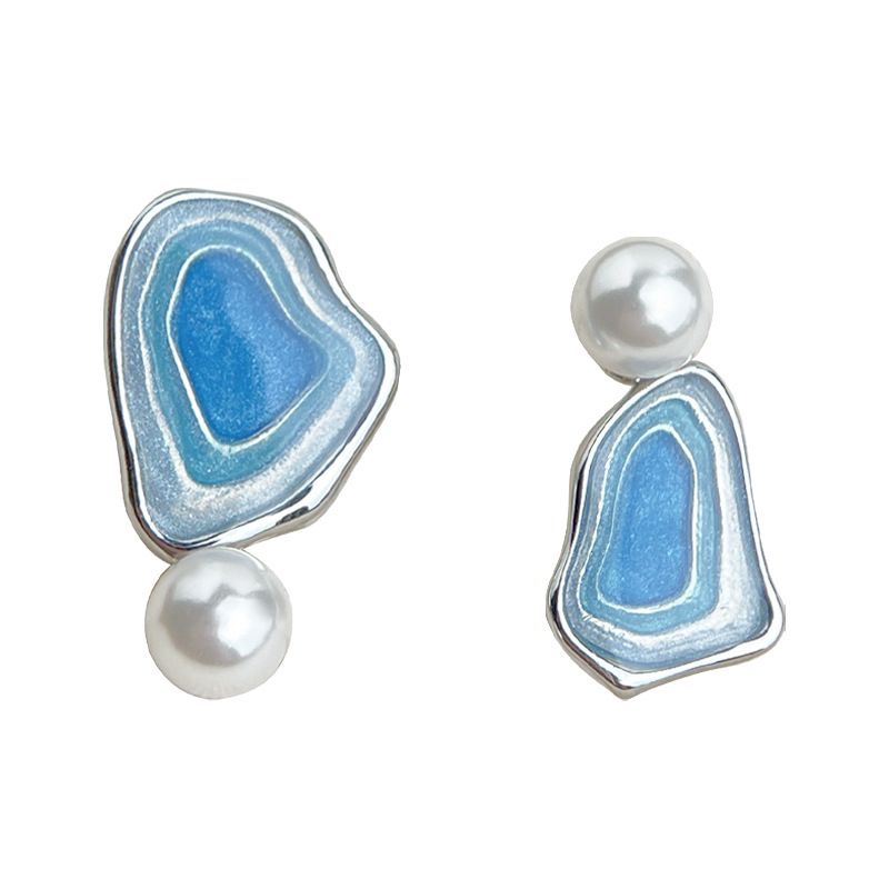 Blue Enamel Pearl Drop Earrings - Asymmetric Silver Needle Earrings with
