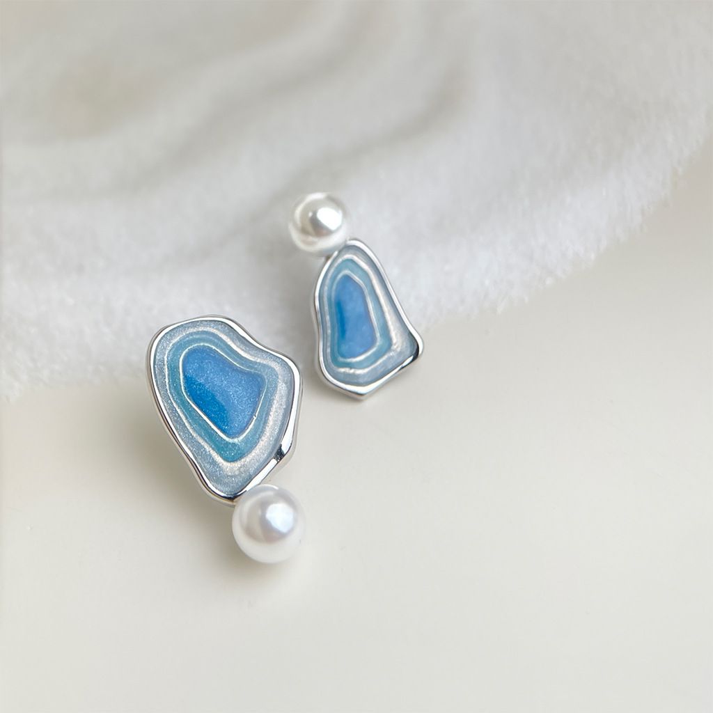 Blue Enamel Pearl Drop Earrings - Asymmetric Silver Needle Earrings with view 2