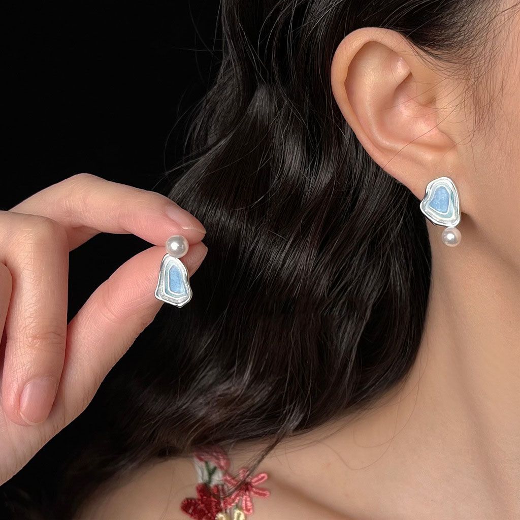 Blue Enamel Pearl Drop Earrings - Asymmetric Silver Needle Earrings with view 3