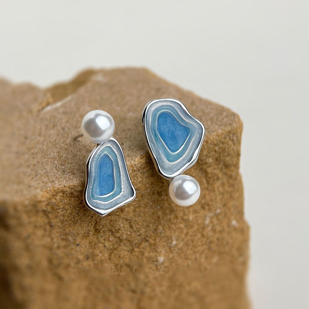 Blue Enamel Pearl Drop Earrings - Asymmetric Silver Needle Earrings with view 4