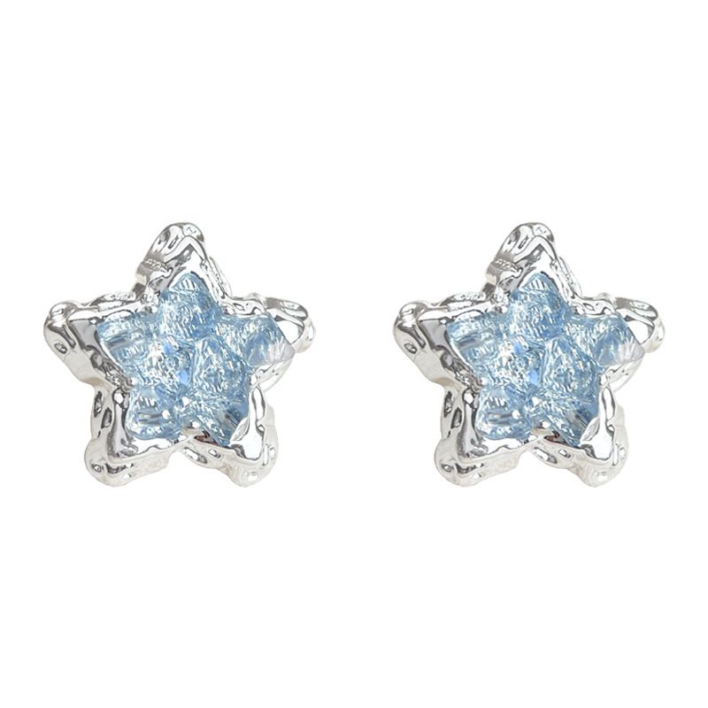 Blue Crystal Star Stud Earrings for Women - Silver Plated Star Shape Earrings