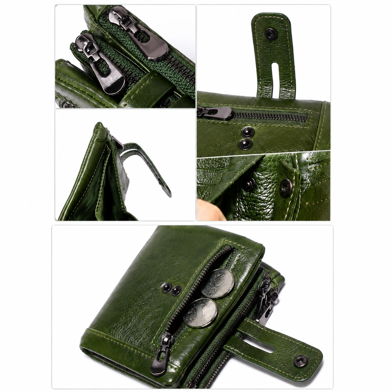 Green RFID Blocking Leather Wallet for Men - Vertical Oil Wax Cowhide Bifold view 2