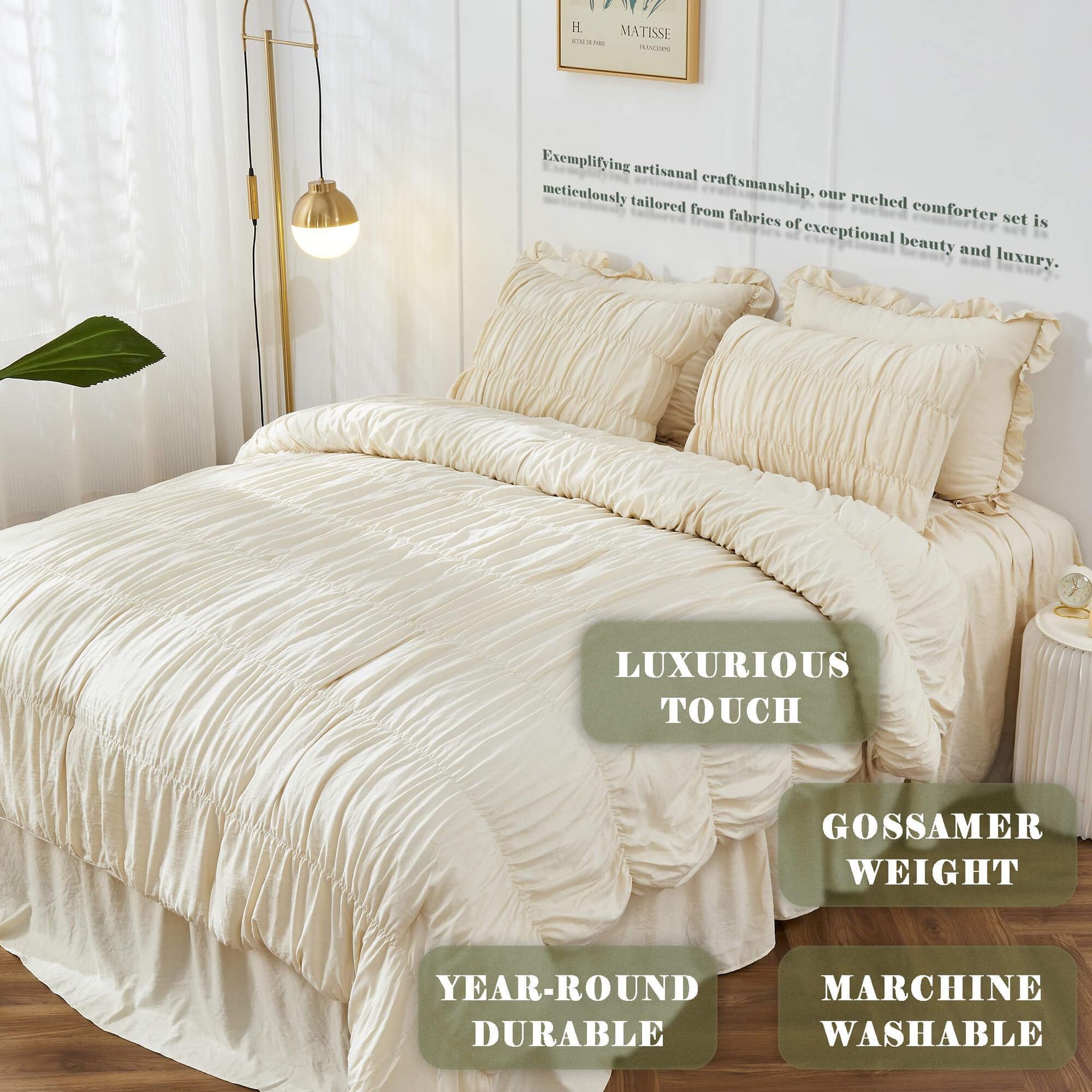 Wrinkle Textured Bedding Set - 3 Piece Quilt Cover and Pillowcase Set - Beige view 2