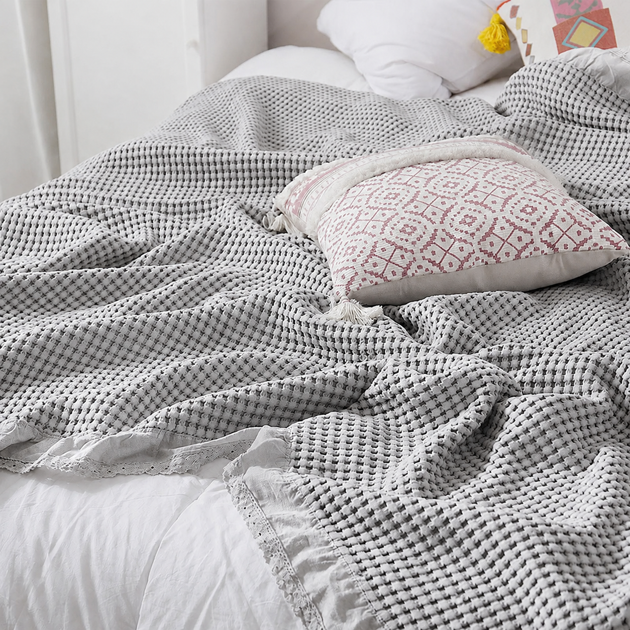 Cotton Waffle Blanket - Grey Textured Throw 150x200cm for Sofa view 2