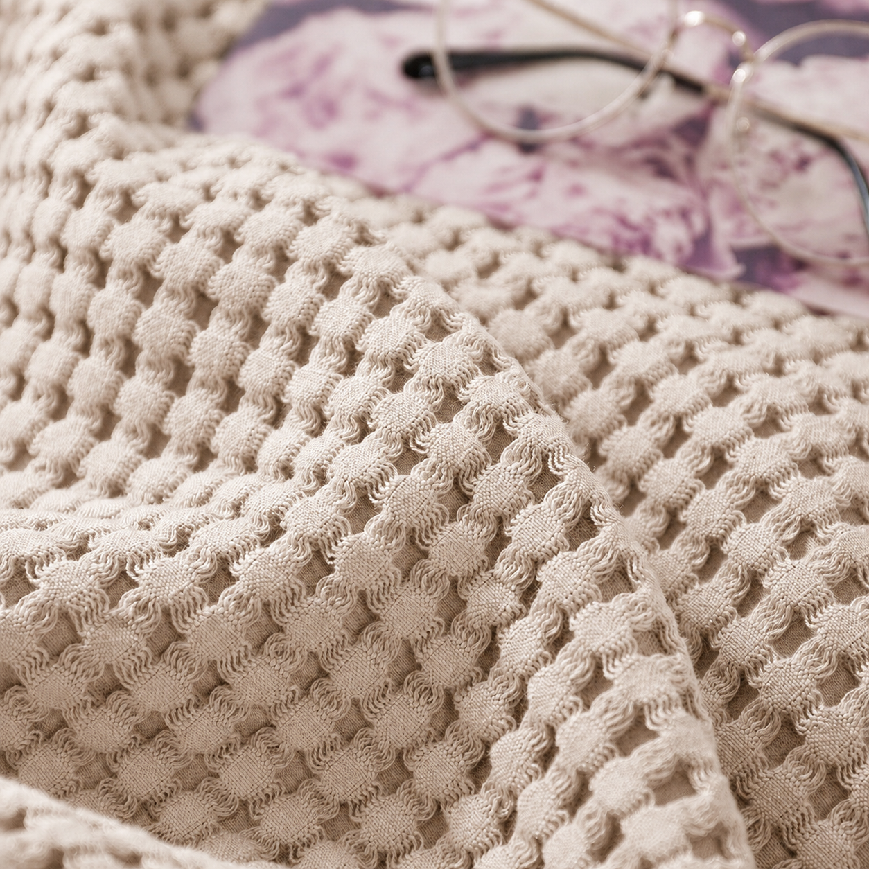 Cotton Waffle Blanket - Beige Textured Throw 200x230cm for Sofa view 3
