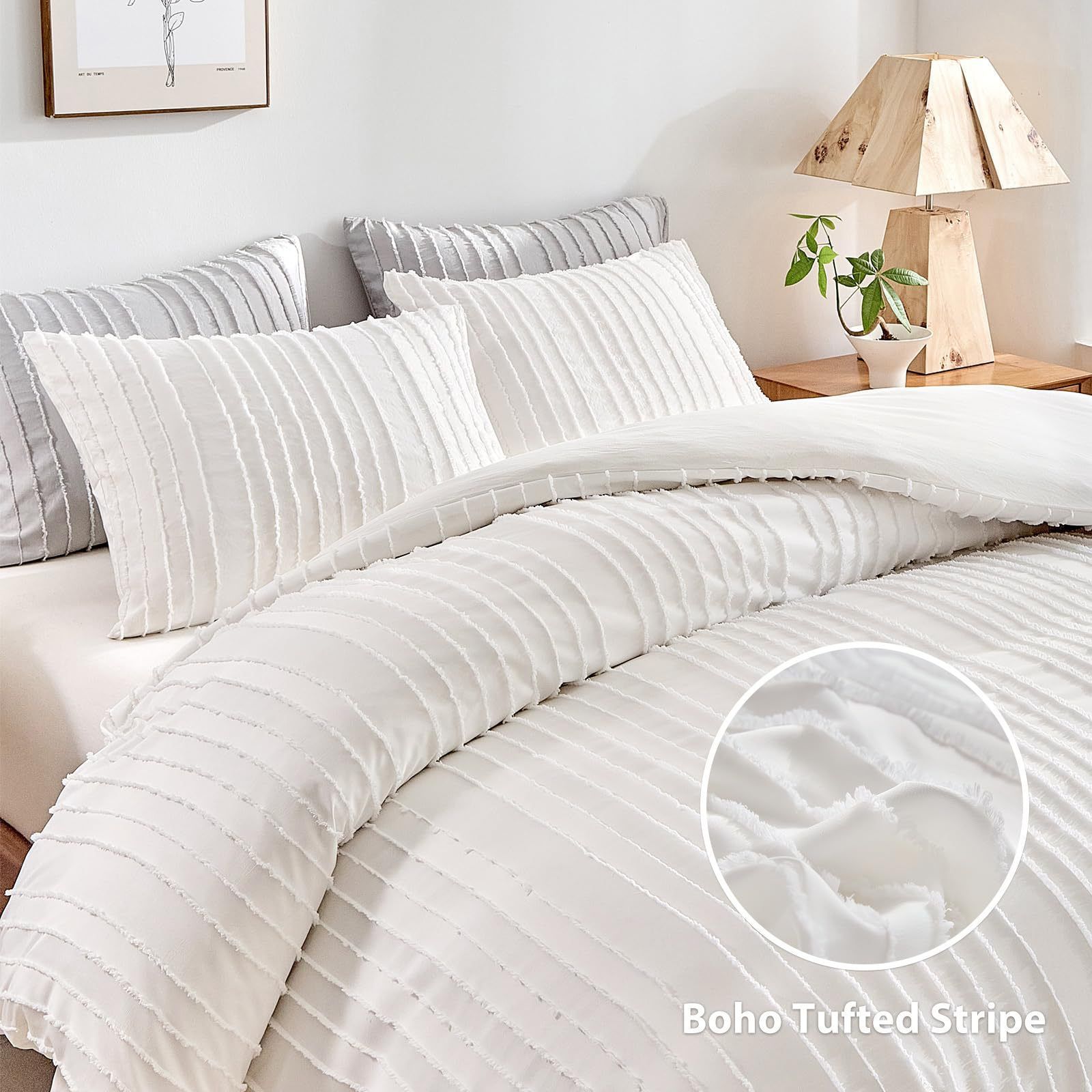 White Tufted Stripe Bedding Set - 3 Piece Quilt Cover and Pillowcase Set -(Queen) view 2