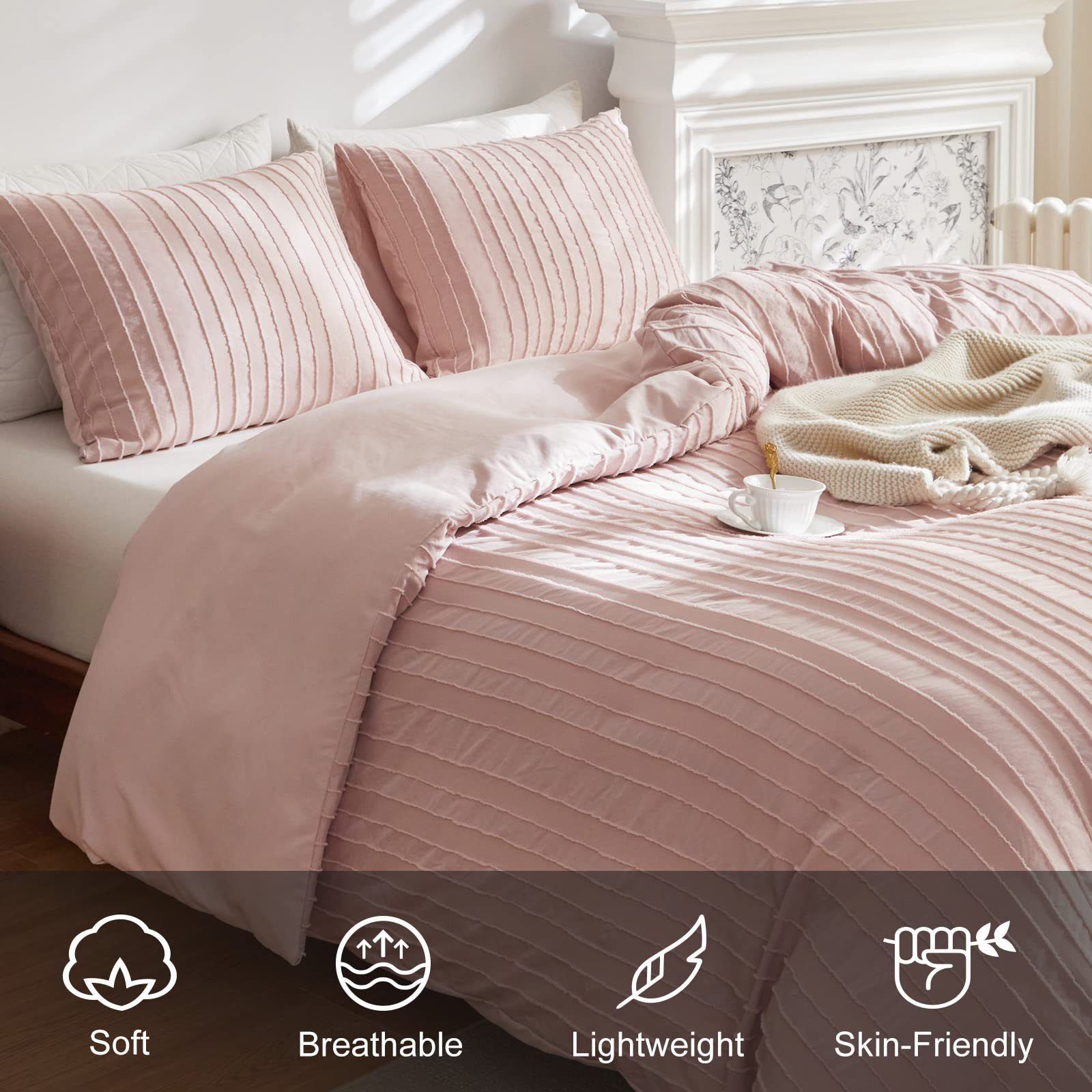 Pink Tufted Stripe Bedding Set - 3 Piece Quilt Cover and Pillowcase Set -(Double) view 3