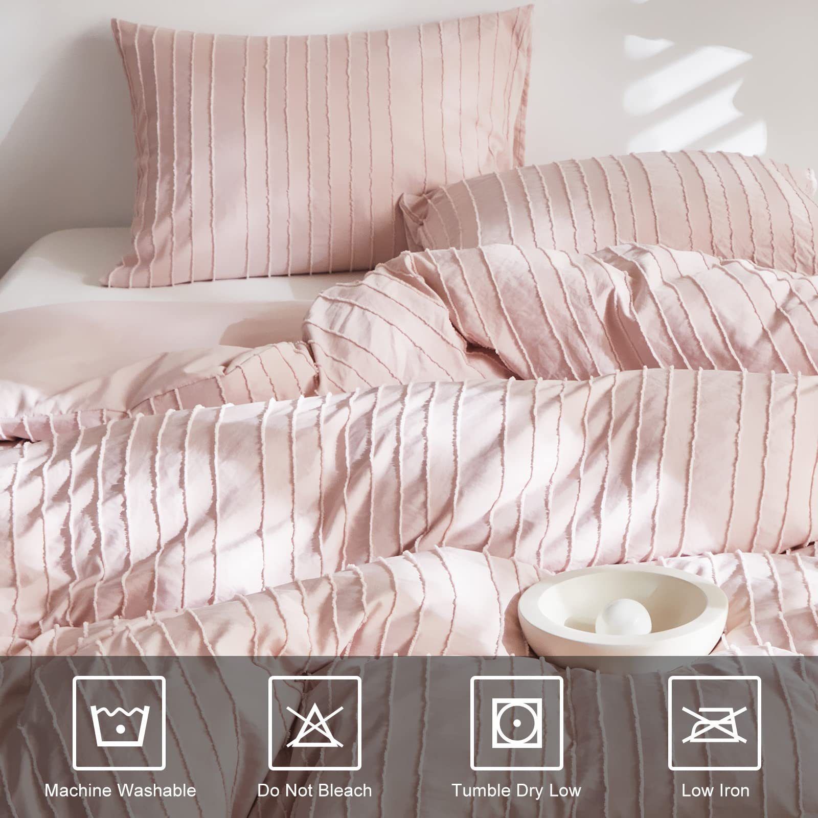 Pink Tufted Stripe Bedding Set - 3 Piece Quilt Cover and Pillowcase Set -(Double) view 4