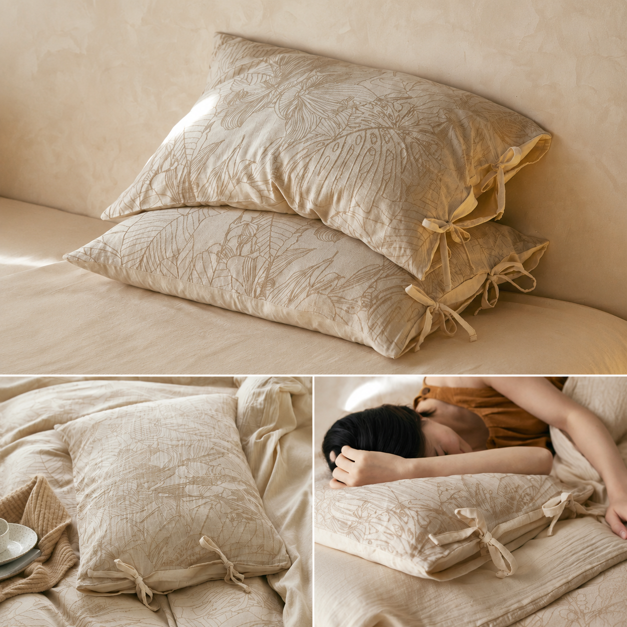 Linen Cotton Pillowcase Pair with Tie Closure Floral Pillow Covers 48x74cm view 2