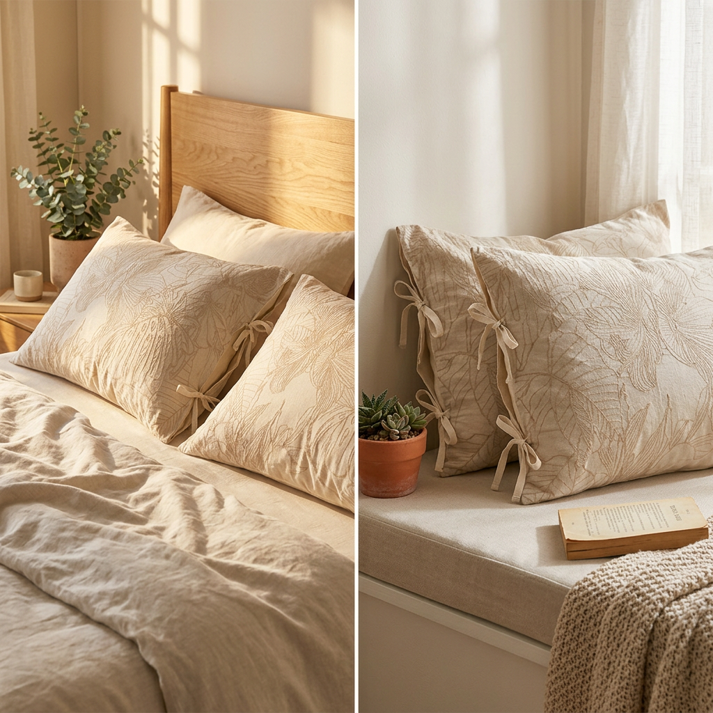 Linen Cotton Pillowcase Pair with Tie Closure Floral Pillow Covers 48x74cm view 3