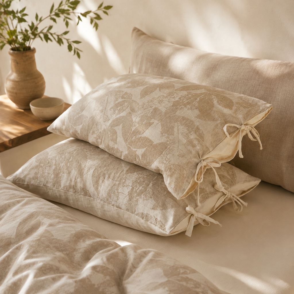 Linen Cotton Pillowcase Pair with Tie Closure Floral Pillow Covers 48x74cm view 2