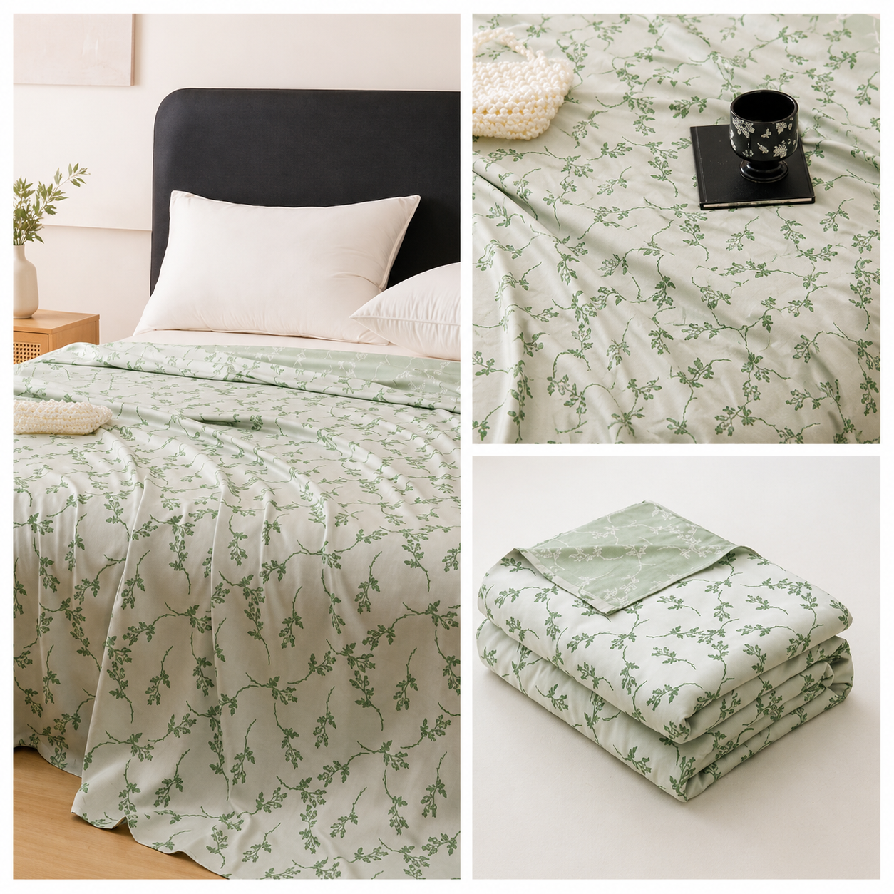 Green Bamboo Fibre Summer Blanket - Vine Pattern Cooling Throw Blanket view 4