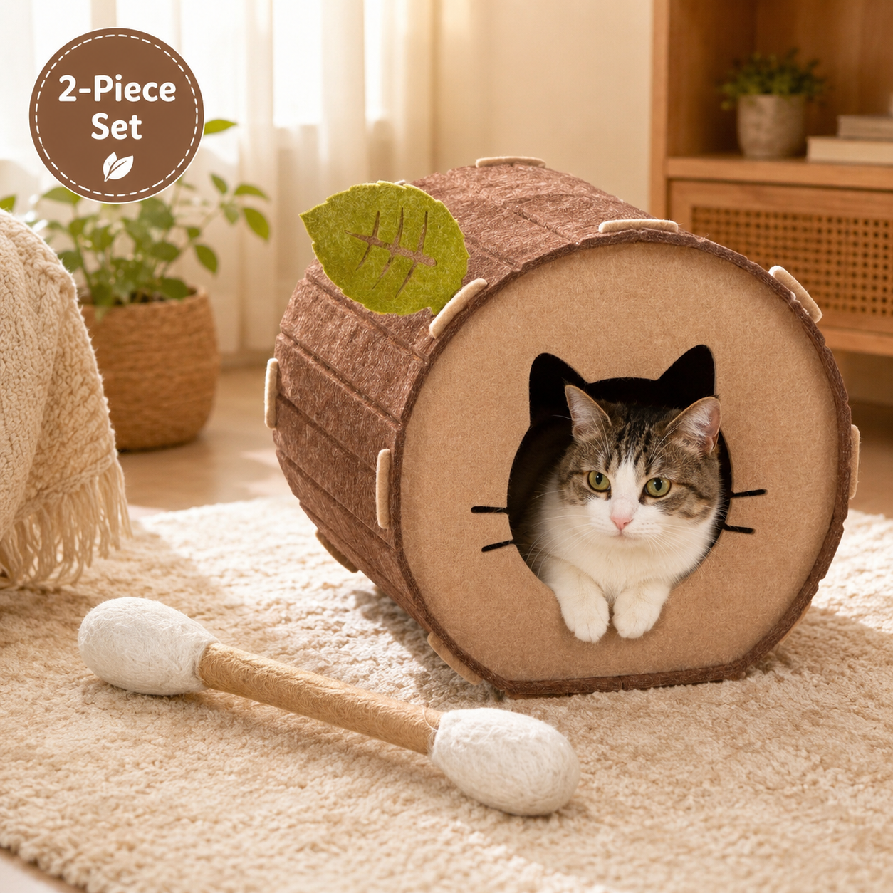 Felt Cat Cave Bed with Catnip Stick Toy 2 Piece Set - Leaf Shaped Cat House
