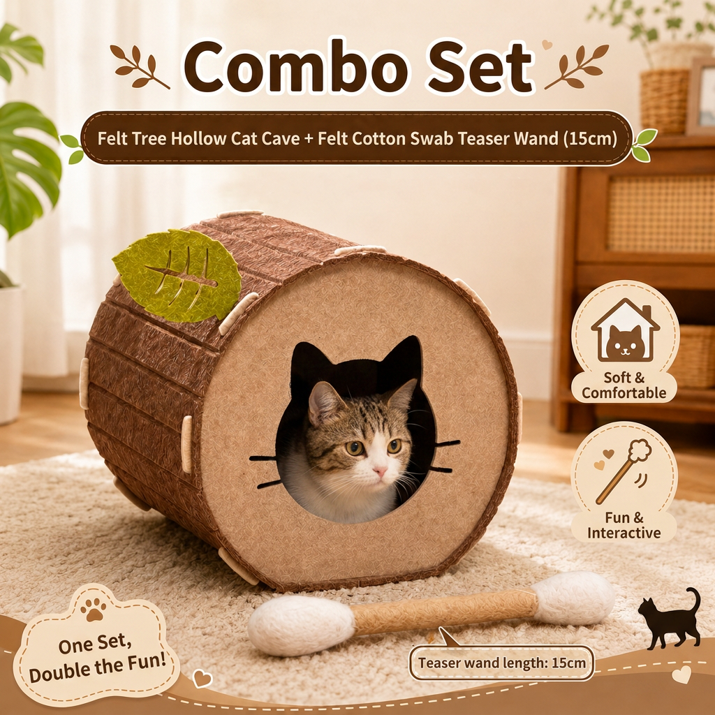 Felt Cat Cave Bed with Catnip Stick Toy 2 Piece Set - Leaf Shaped Cat House view 2