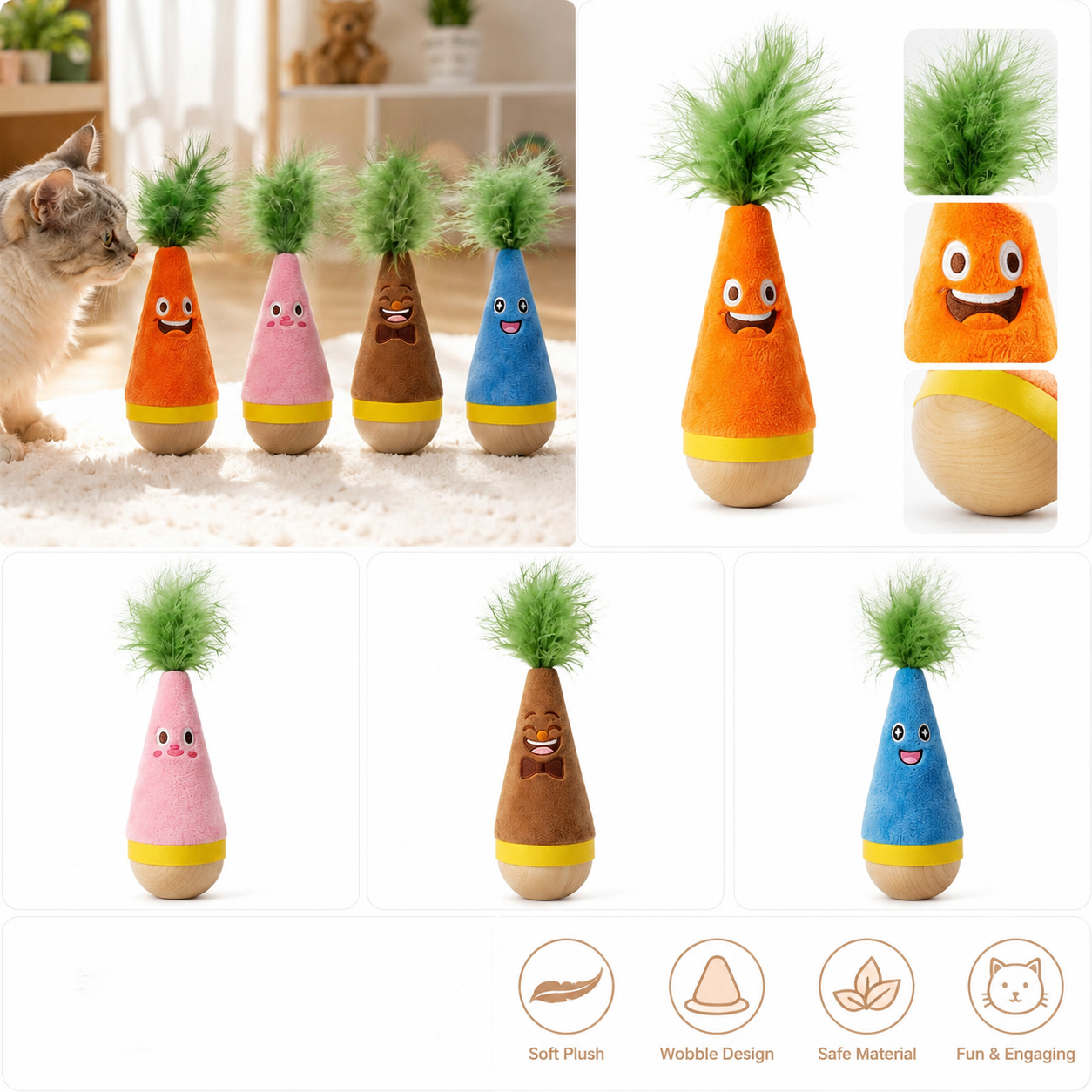 Interactive Feather Wobble Cat Toy - 4 Different Colour Tumbler Teaser Toys view 3