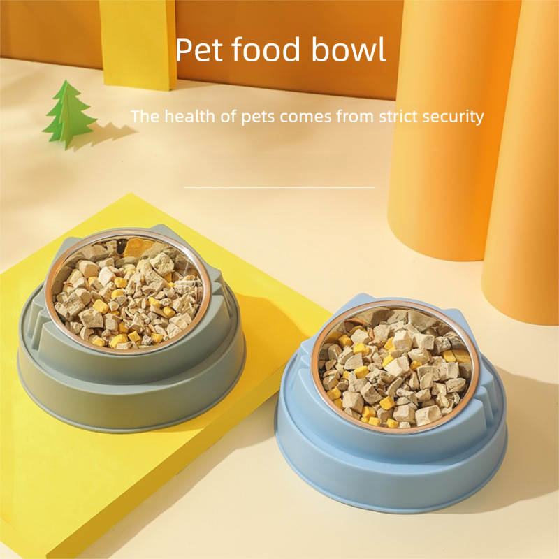 Blue Stainless Steel Cat Food Bowl with Cat Face Design Raised Pet Feeding Bowl view 2