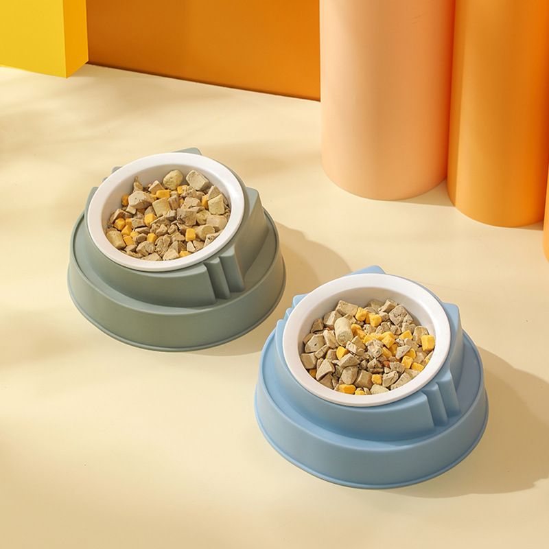 Blue Plastic Cat Food Bowl with Cat Face Design Raised Pet Feeding Bowl view 4