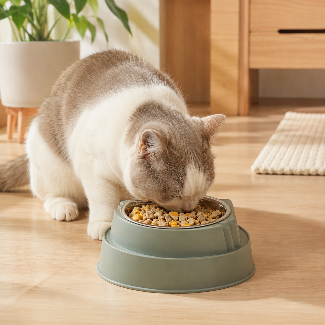 Green Stainless Steel Cat Food Bowl with Cat Face Design Raised Pet Feeding Bowl view 2
