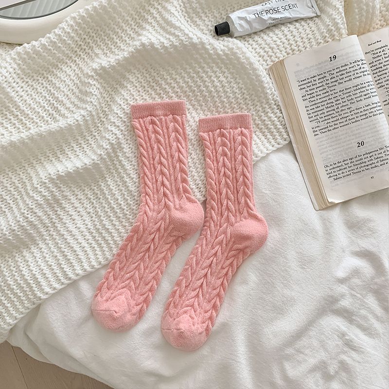 Cable Knit Mid-Calf Socks for Women - 5 Pairs - Stretch Cuff Slouch Style Pink view 5