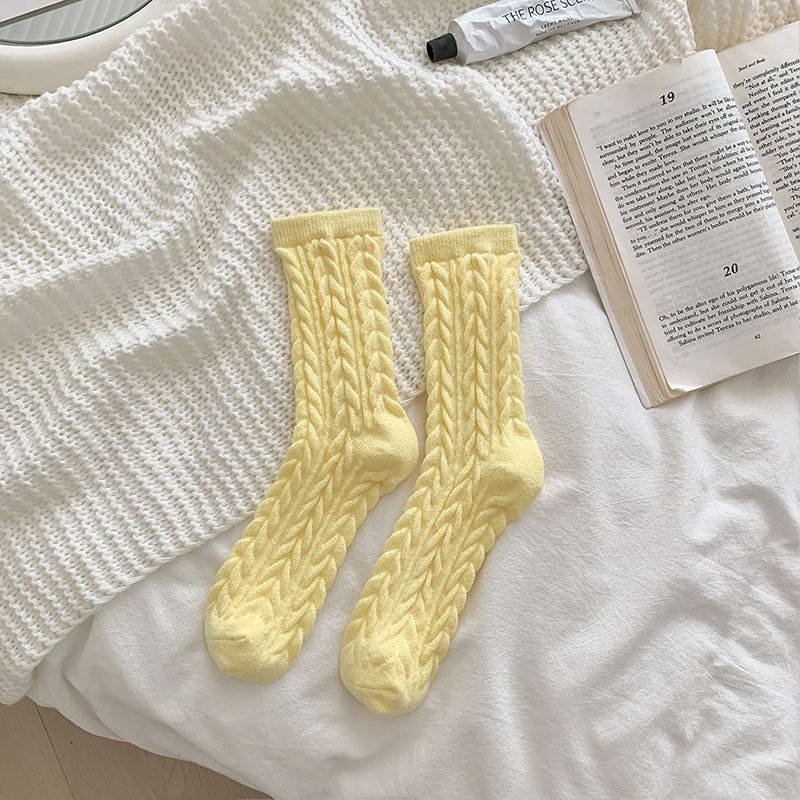 Cable Knit Mid-Calf Socks for Women - 5 Pairs - Stretch Cuff Slouch Style Yellow view 7