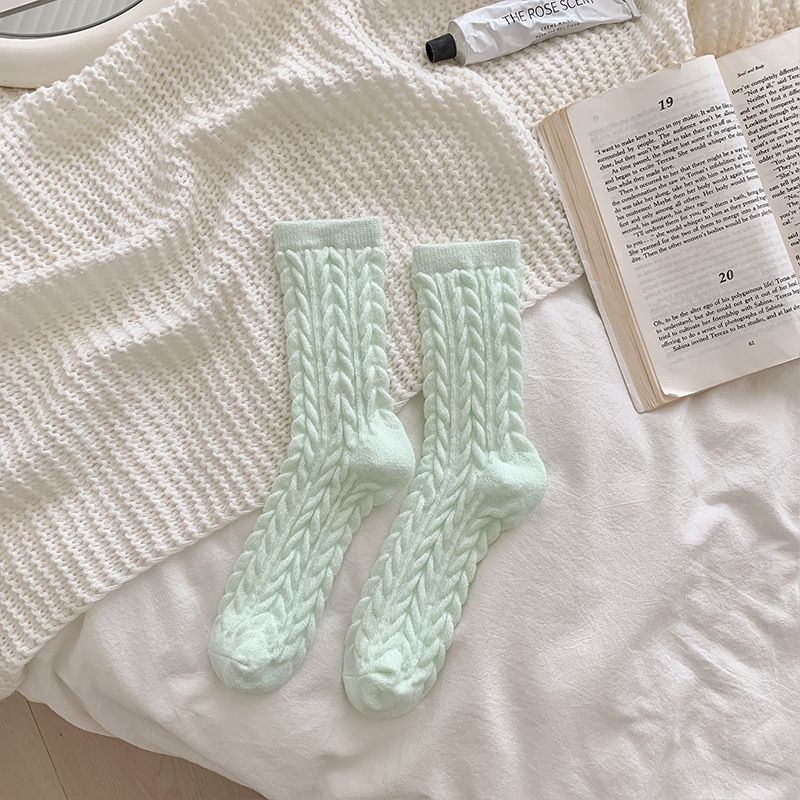Cable Knit Mid-Calf Socks for Women - 5 Pairs - Stretch Cuff Slouch Style Green view 2