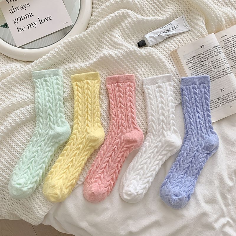 Cable Knit Mid-Calf Socks for Women - 5 Pairs - Stretch Cuff Slouch Style Green view 3