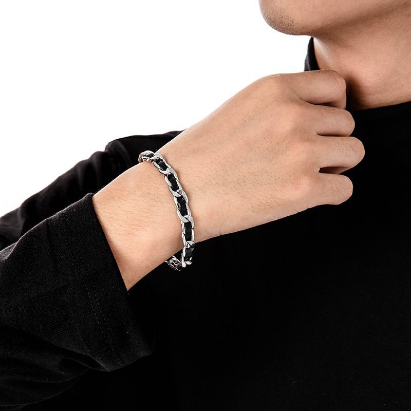 Men's Titanium Steel Bracelet(17cm)- Black and Silver-Tone Chain Link Wrist view 2